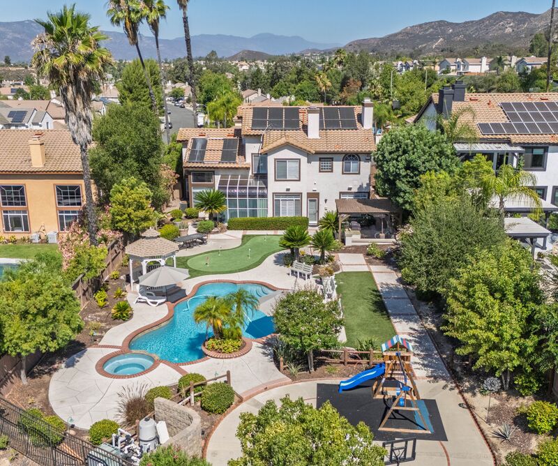 Aerial view of a backyard with a swimming pool
